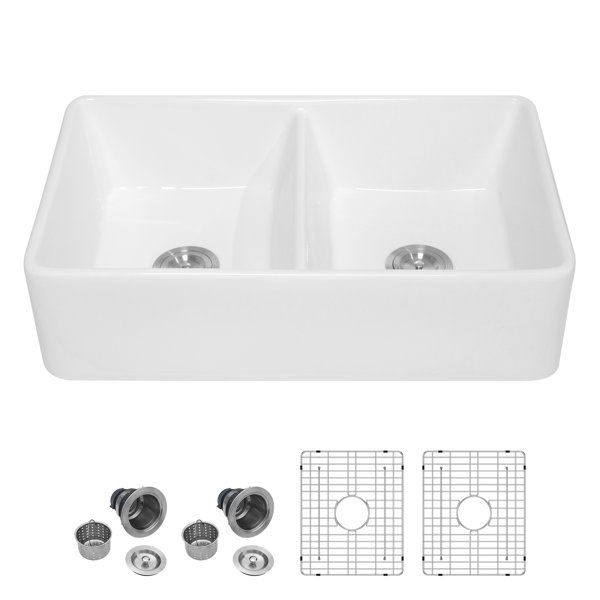 JUNTOSO 32" L X 20" W Double Basin Farmhouse/Apron Kitchen Sink with Sink Grid and Drain